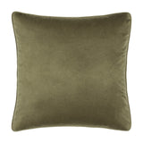 Square 43 x 43cm cushion in plain olive-green velvet, shown reverse side with piped edging, on a white background.