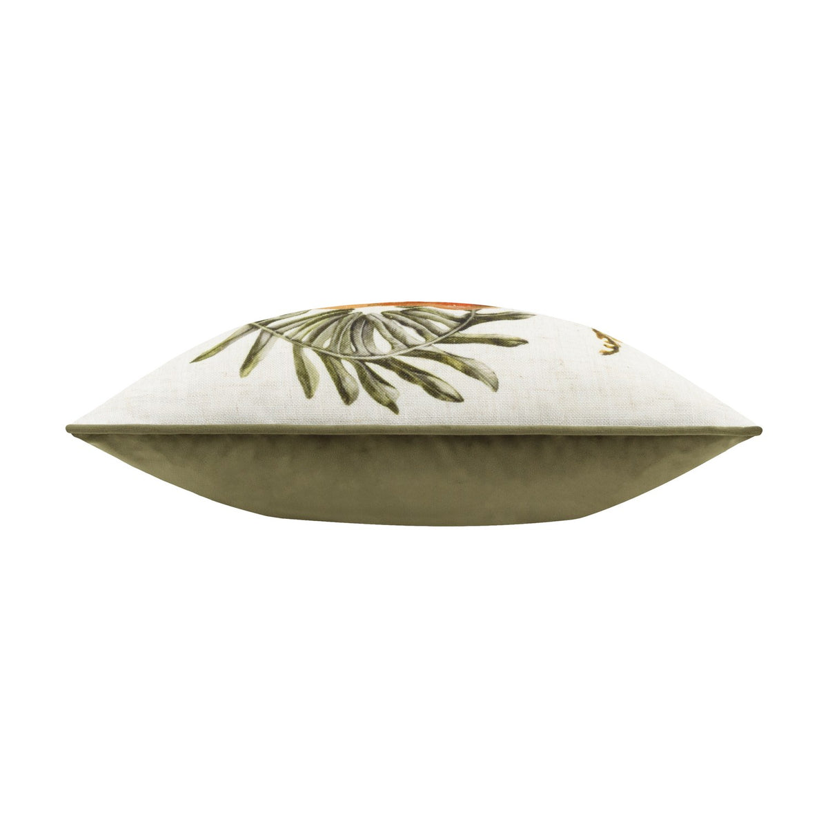 Side view of Kielder Forest Mushroom Velvet Cushion, cream fabric with olive foliage and rust detail on one edge, plain olive-green velvet reverse, white background.
