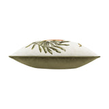 Side view of Kielder Forest Mushroom Velvet Cushion, cream fabric with olive foliage and rust detail on one edge, plain olive-green velvet reverse, white background.