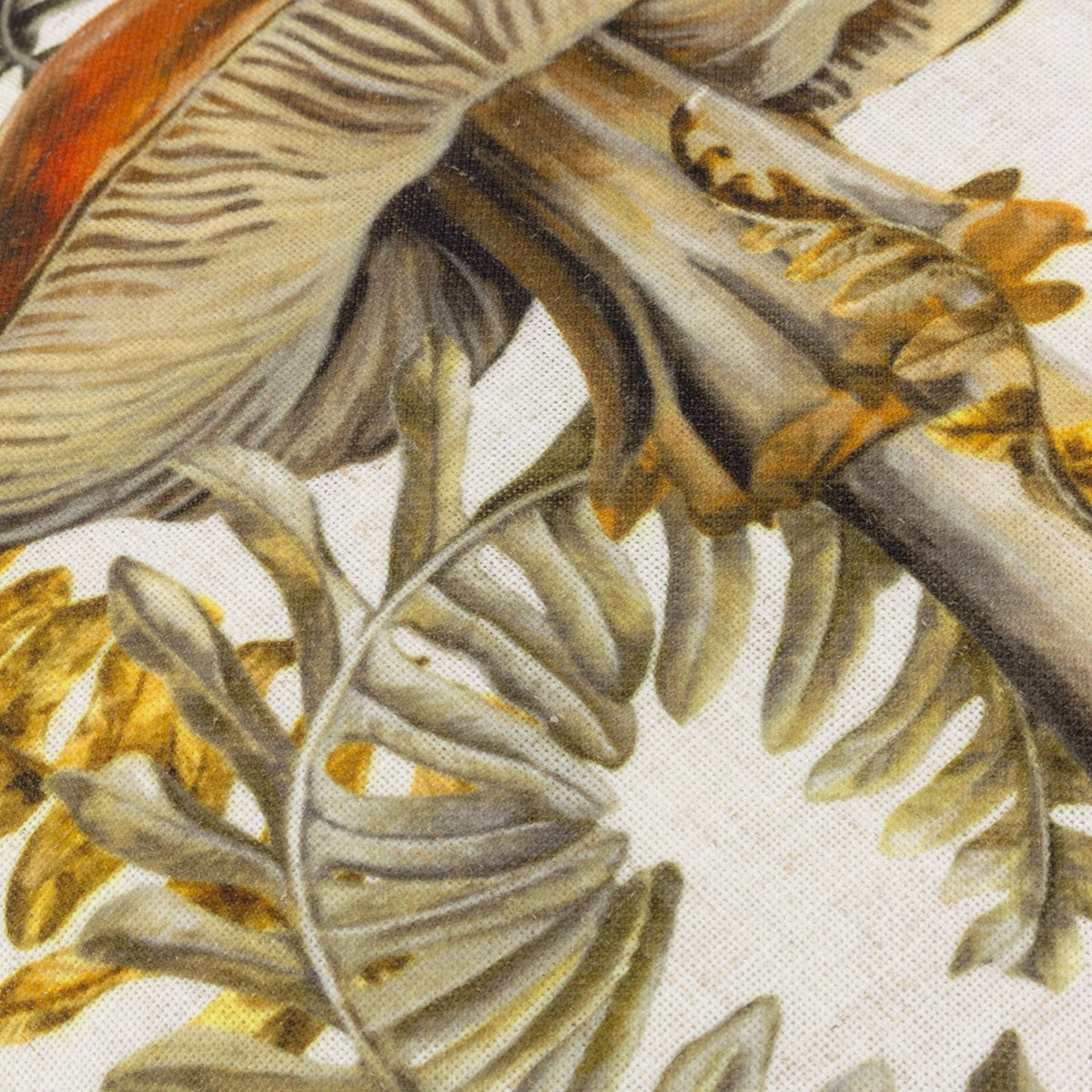 Close-up of the Kielder Forest Mushroom Velvet Cushion, showing a printed rust-capped mushroom with olive, ochre and grey gills and ferns on a cream fabric ground.