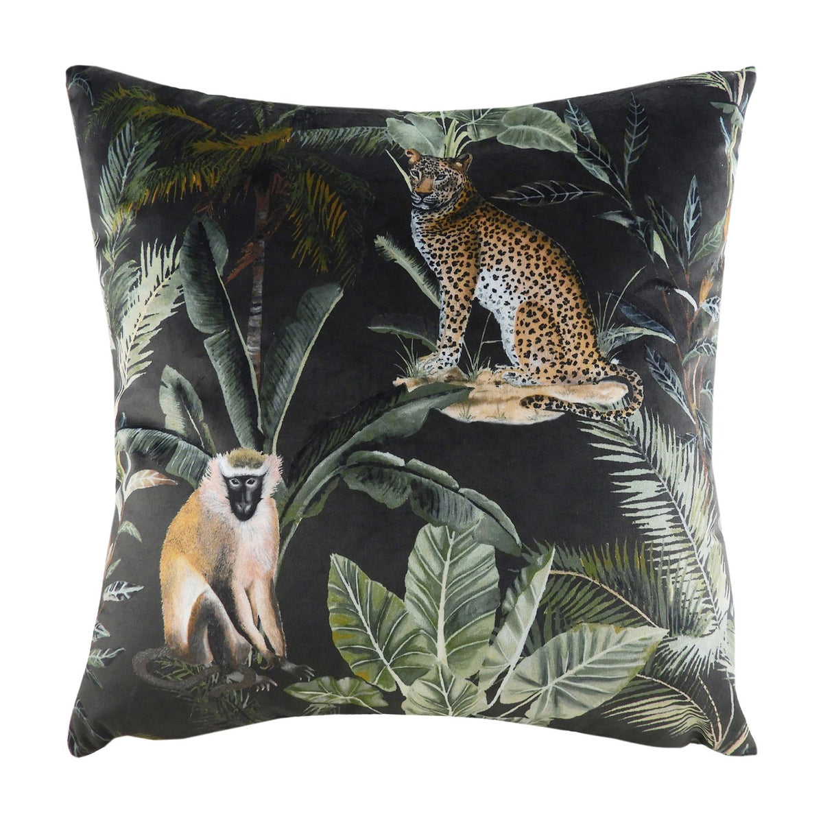 Kibale Jungle polyester cushion, square 43 x 43cm, with a printed tropical scene of a leopard and monkey among green foliage on a black ground, shown on a white background.