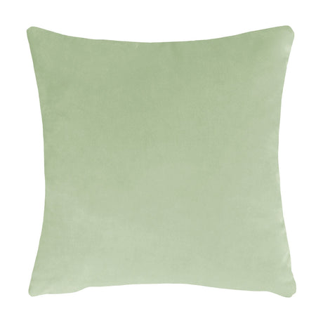Square sage green polyester cushion, plain reverse side with piped edging, shown on a white background.
