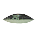 Side view of the Kibale Jungle polyester cushion showing its plump insert, dark tropical-print front with green foliage and a plain sage-green reverse, on a white background.