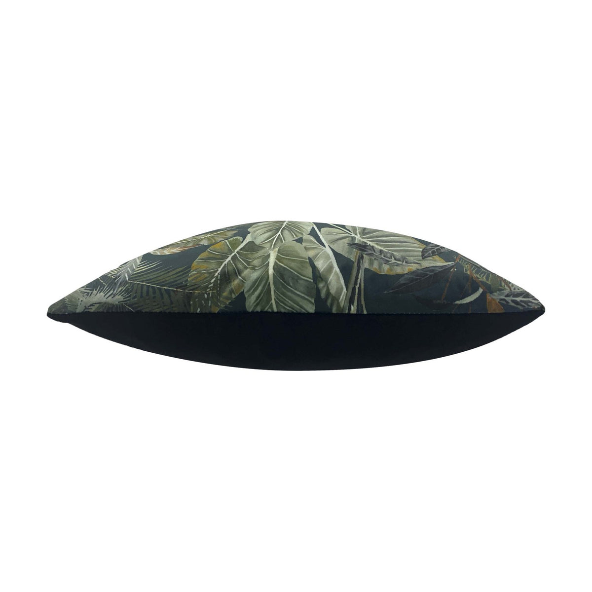 Side view of the Kibale Jungle polyester cushion, showing a tropical leaf print in green and rust tones on one face and plain black on the reverse, set on a white background.