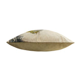 Side view of the Kibale Jungle Polyester Cushion, showing palm frond and leaf print fading into a plain sandy back panel, on a white background.