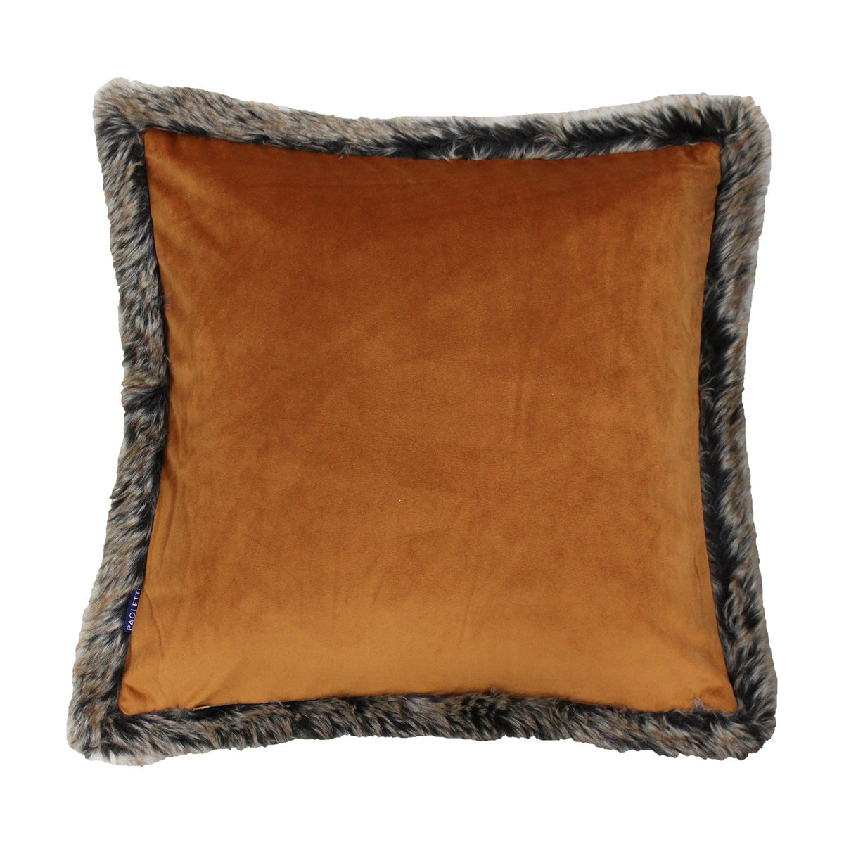 Kiruna Velvet Faux Fur Cushion in rust, square velvet-feel front bordered by a wide mottled grey-brown faux fur trim, shown on a plain white background.