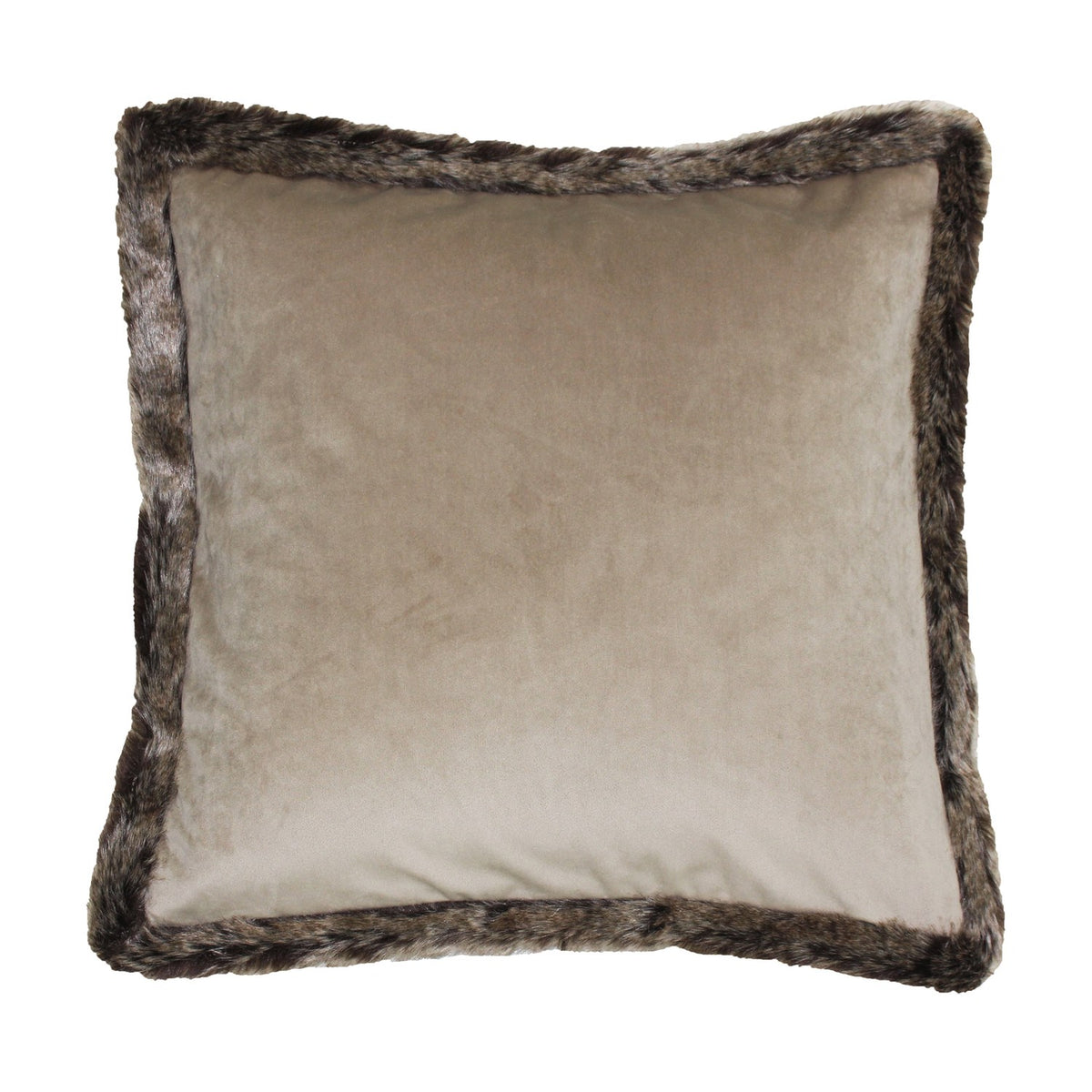 Kiruna Velvet Faux Fur Cushion in taupe, square with a soft velvet-feel front and mottled brown-grey faux fur border, shown on a plain white background.