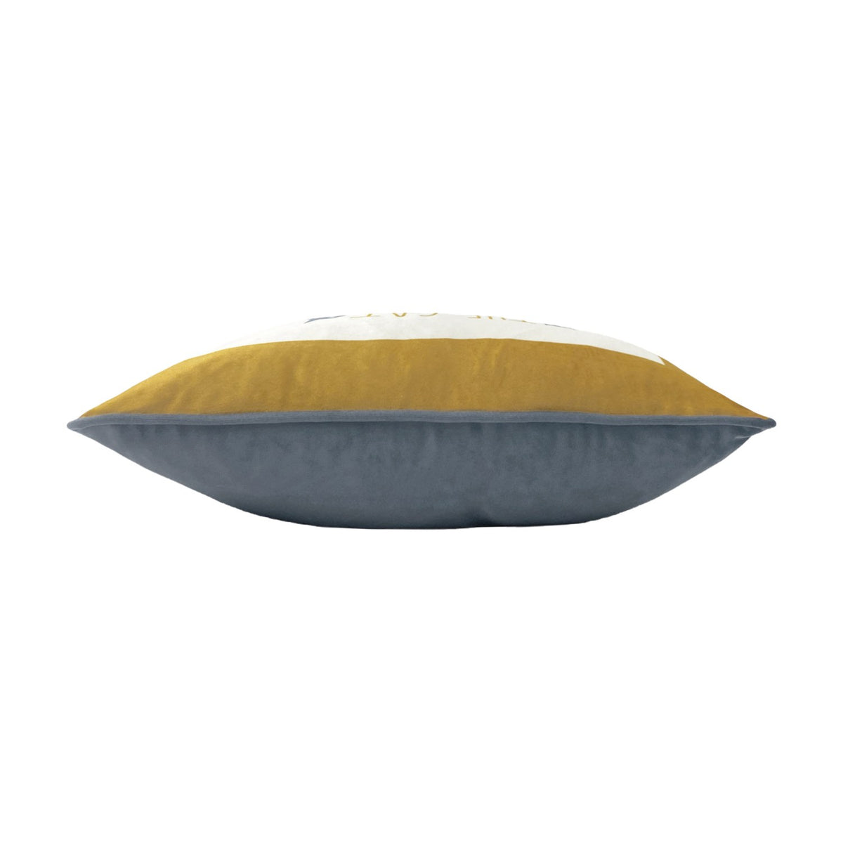 Side view of the Kitta Animal Velvet Cushion in ochre, showing a cream panel with piped edging above a grey velvet reverse, on a plain white background.
