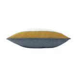 Side view of the Kitta Animal Velvet Cushion in ochre, showing a cream panel with piped edging above a grey velvet reverse, on a plain white background.