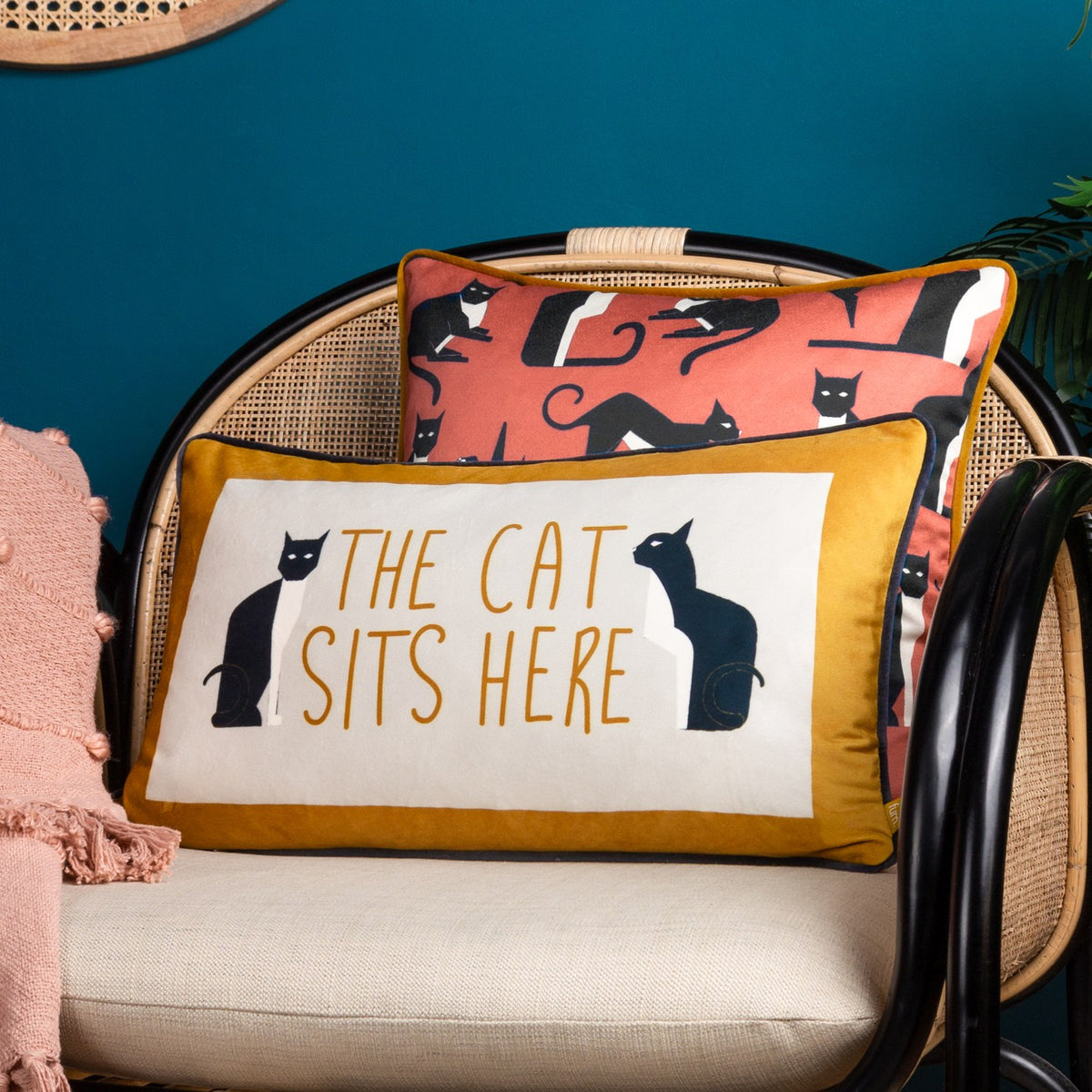 Rectangular ochre-bordered cushion reading "The Cat Sits Here" with navy and white cat prints, shown on a rattan chair beside a red patterned cat-print cushion.