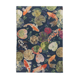 Koi Pond Animal Polyester Rug in Midnight, a rectangular flatweave rug printed with orange, white and spotted koi carp among lily pads on a deep navy blue ground, shown on a plain white background.