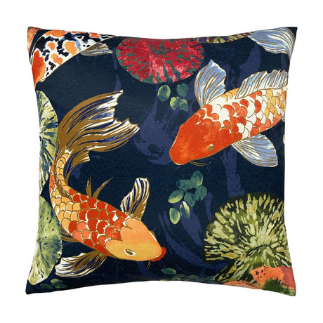 Koi Pond Abstract Velvet Cushion in midnight blue, 50 x 50cm, featuring two orange and cream carp with gold and pale blue fins amid red and green pond blooms, shown on a plain white background.