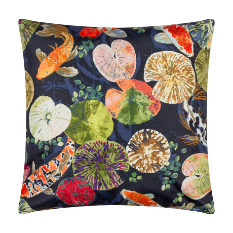 Square polyester cushion in midnight blue with a koi pond print of orange fish and lily pads, shown on a plain white background.