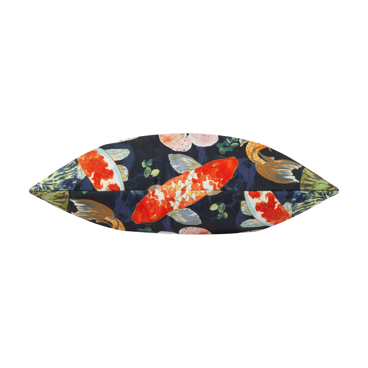 Koi Pond Reversible Polyester Cushion in Midnight, shown edge-on displaying orange and white koi carp, lily pads and greenery on a dark navy ground, against a plain white background.