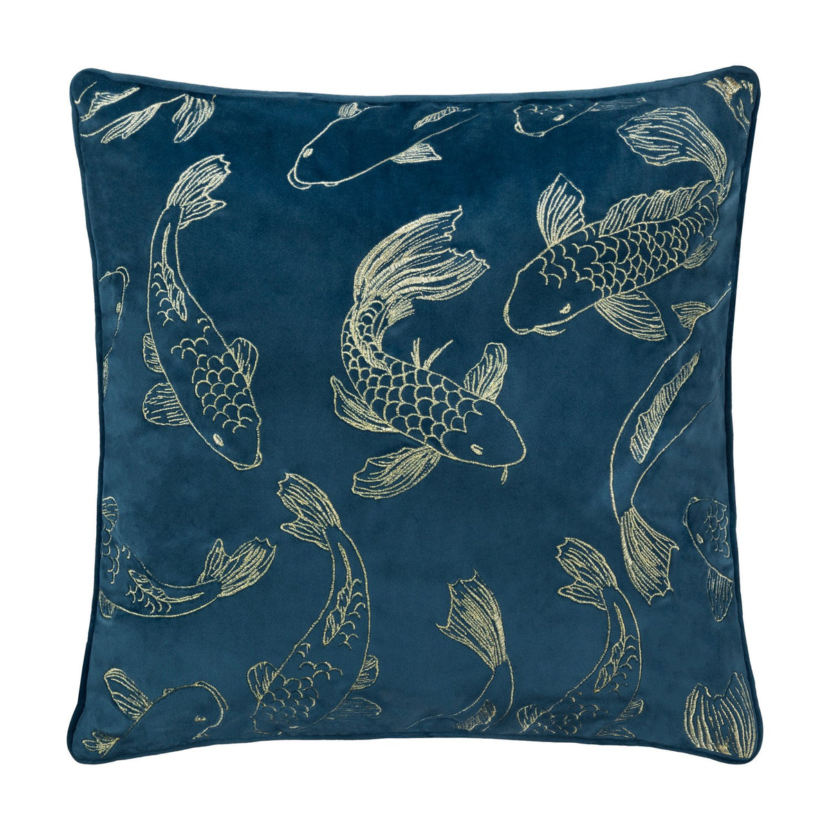 Square navy blue velvet cushion embroidered with metallic gold koi carp fish swimming in various directions, shown on a plain white background.