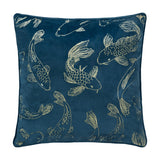 Square navy blue velvet cushion embroidered with metallic gold koi carp fish swimming in various directions, shown on a plain white background.