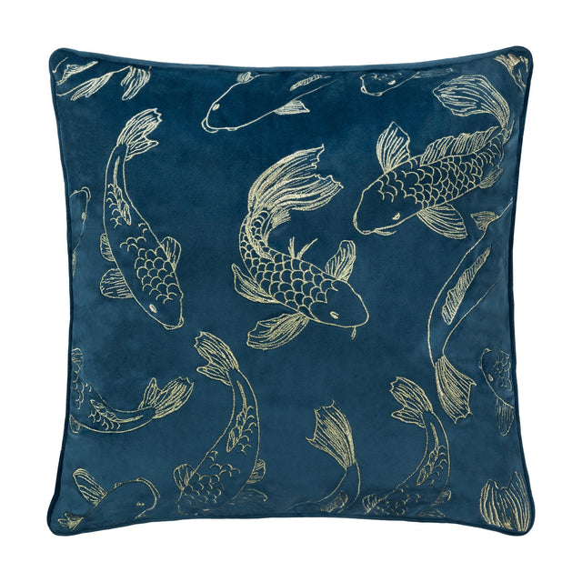 Square navy blue velvet cushion embroidered with metallic gold koi carp fish swimming in various directions, shown on a plain white background.