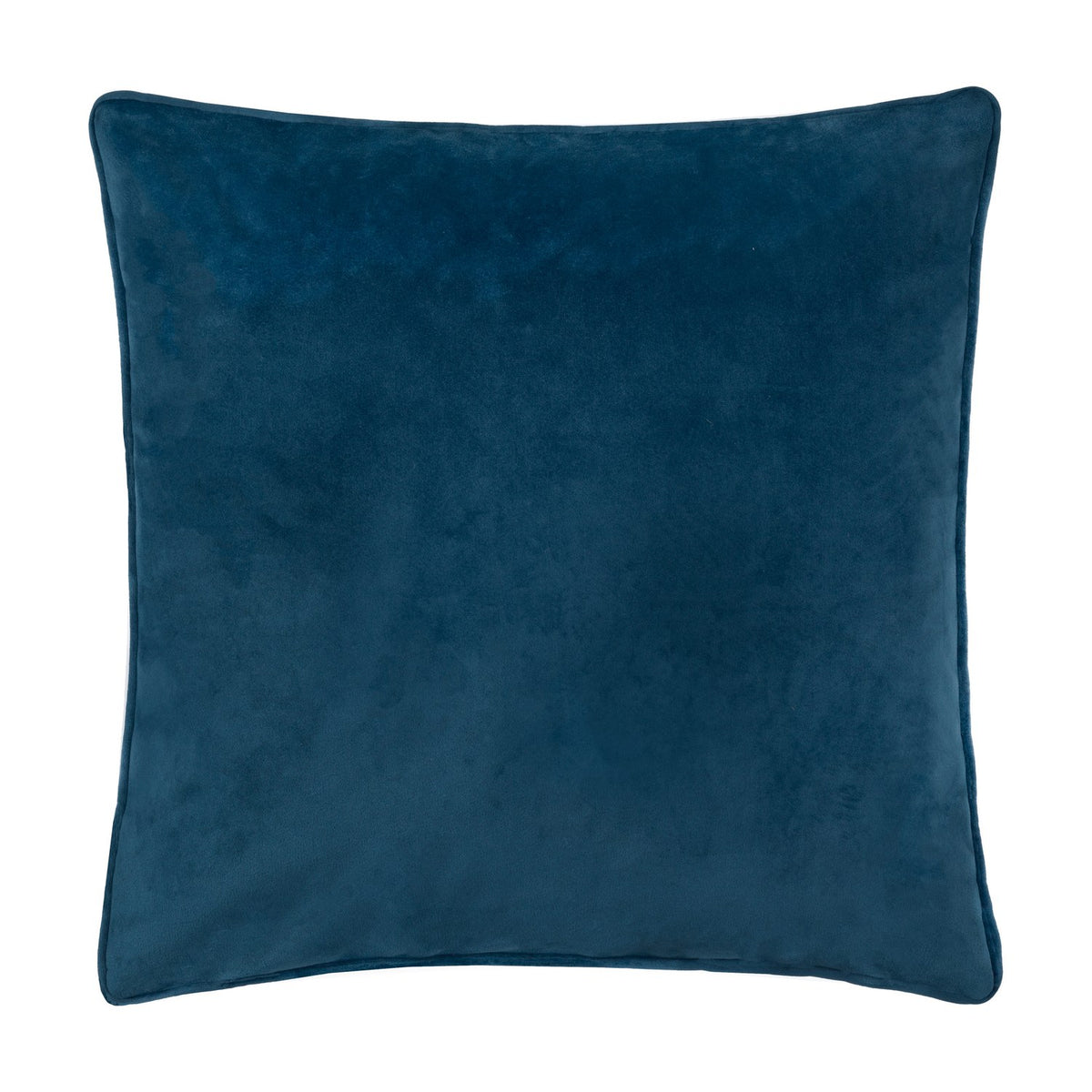 Reverse side of the Koi Pond Animal Velvet Cushion in navy, showing plain navy velvet fabric with piped edges and no visible embroidery, on a white background.