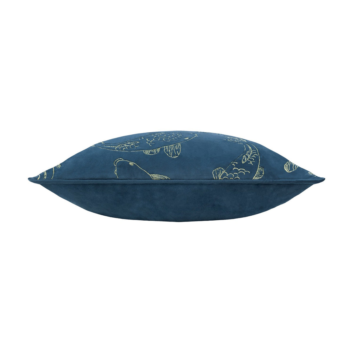 Side view of the Koi Pond Animal Velvet Cushion in navy, showing plump velvet edges with gold koi embroidery visible along the top, set against a plain white background.