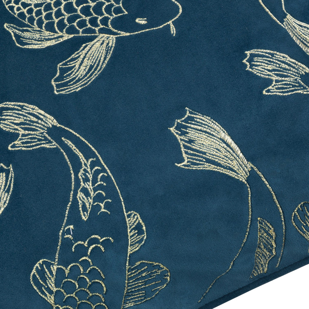 Close-up of the Koi Pond Animal Velvet Cushion in navy, showing gold metallic embroidered koi fish with raised stitched fins and scales on velvet fabric.