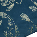 Close-up of the Koi Pond Animal Velvet Cushion in navy, showing gold metallic embroidered koi fish with raised stitched fins and scales on velvet fabric.
