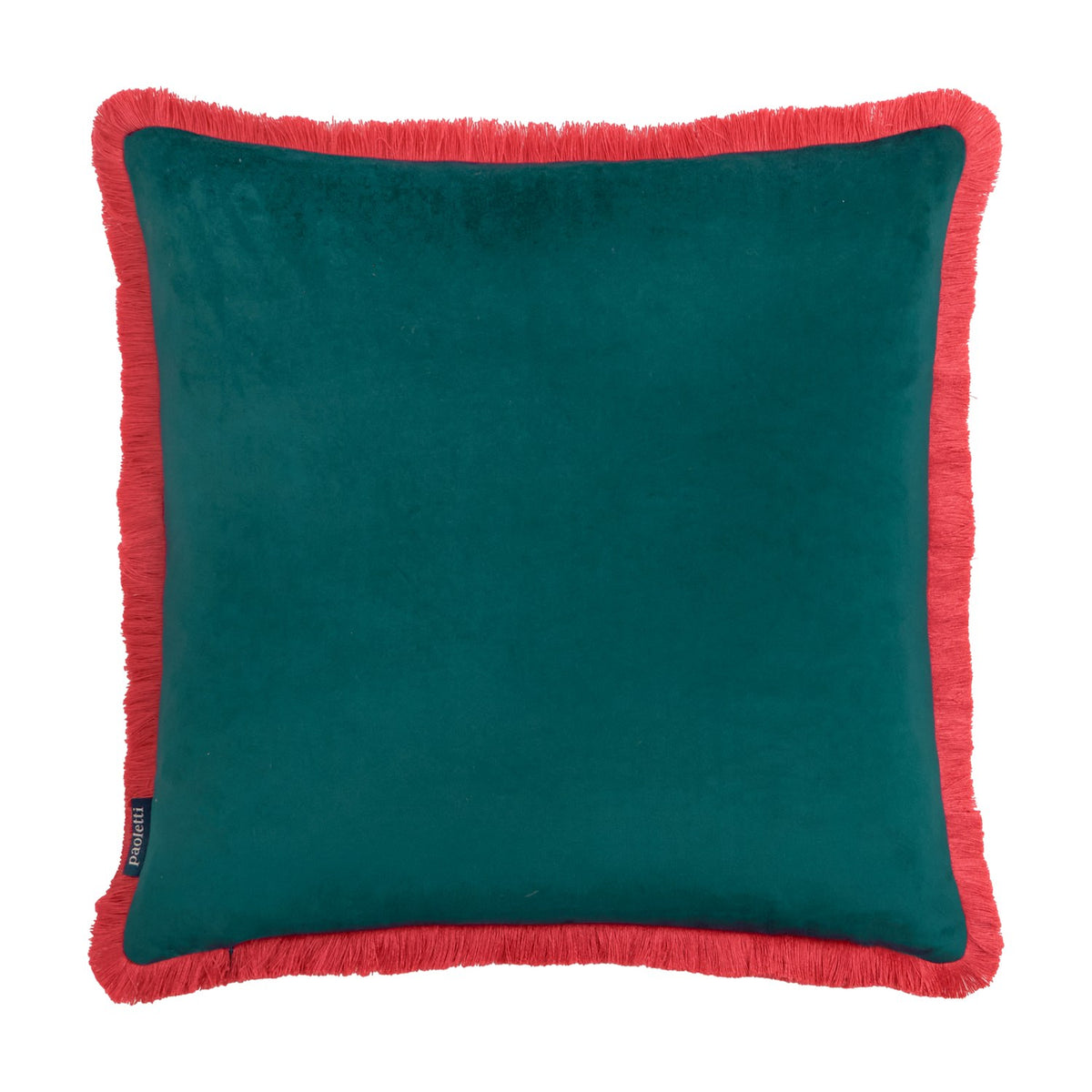 Square teal polyester cushion with coral fringe trim edging, shown reverse side plain, on a white background.