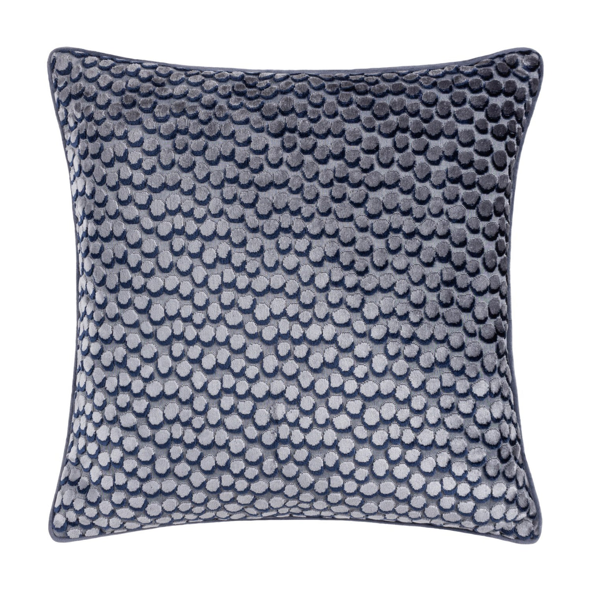 Lanzo Abstract Velvet Cushion in Dusk, a square cushion with a raised dot pattern in dark and light cut velvet creating a smoky blue three-dimensional finish, shown against a plain white background.