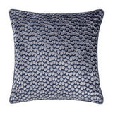 Lanzo Abstract Velvet Cushion in Dusk, a square cushion with a raised dot pattern in dark and light cut velvet creating a smoky blue three-dimensional finish, shown against a plain white background.