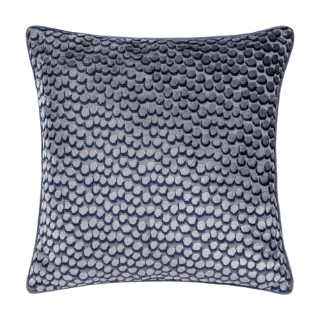 Lanzo Abstract Velvet Cushion in Dusk, a square cushion with a raised dot pattern in dark and light cut velvet creating a smoky blue three-dimensional finish, shown against a plain white background.