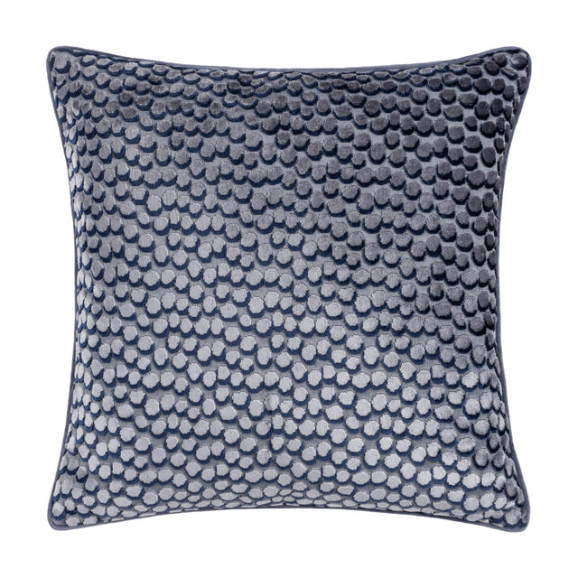 Lanzo Abstract Velvet Cushion in Dusk, a square cushion with a raised dot pattern in dark and light cut velvet creating a smoky blue three-dimensional finish, shown against a plain white background.