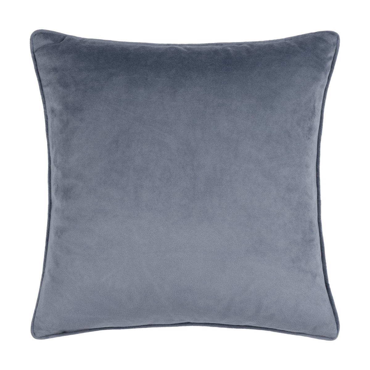 Lanzo Abstract Velvet Cushion in Dusk, a square dusky blue velvet cushion with piped edges, shown plain and unpatterned on a white background.