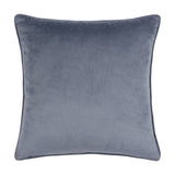 Lanzo Abstract Velvet Cushion in Dusk, a square dusky blue velvet cushion with piped edges, shown plain and unpatterned on a white background.