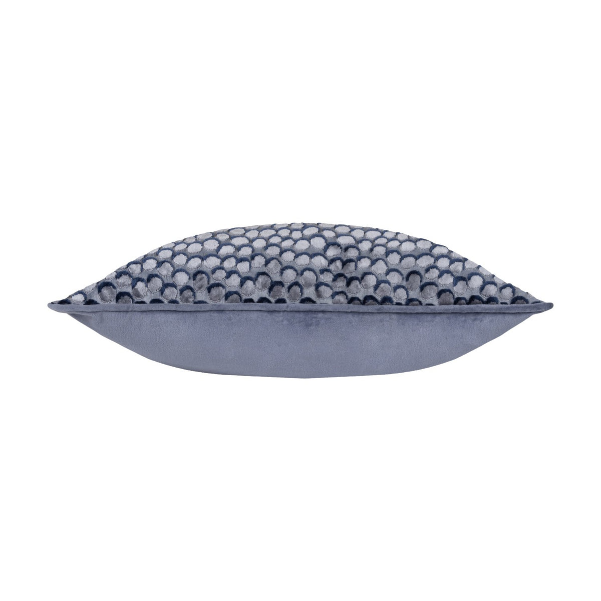Lanzo Abstract Velvet Cushion in Dusk, side view showing plain velvet back and honeycomb-patterned front in smoky blue tones, on a white background.