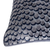 Lanzo Abstract Velvet Cushion in Dusk, close-up of grey and navy cut-velvet circular pattern with piped edge, shown on a plain white background.