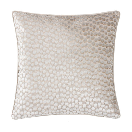 Lanzo Abstract Velvet Cushion in Moonbeam, a 45 x 45cm square cushion with cut velvet dots creating a textured, light-catching pattern in pale oatmeal-cream, shown on a plain white background.