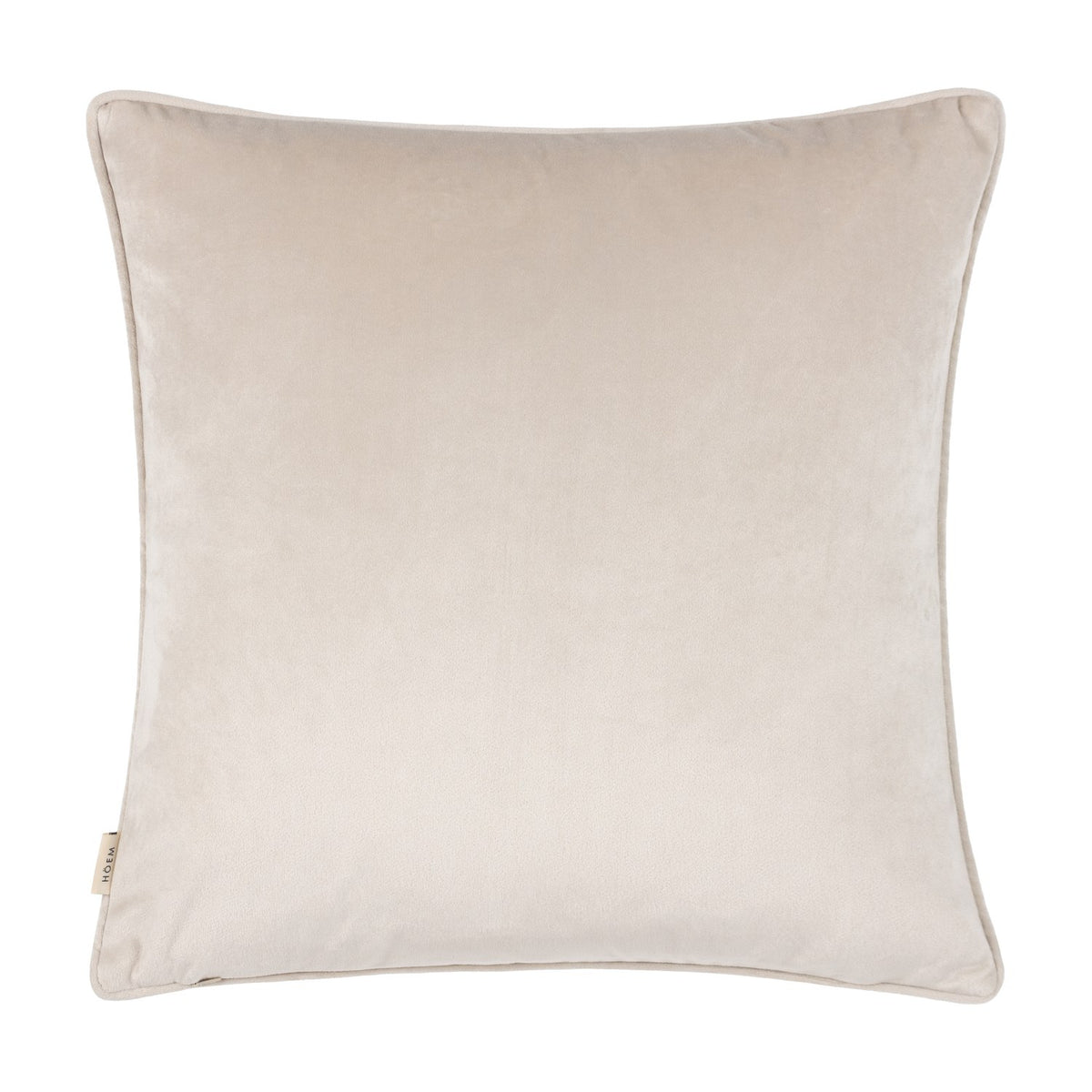 Lanzo Abstract Velvet Cushion in Moonbeam, a plain cream-coloured square velvet cushion with piped edges, shown from the back on a white background.