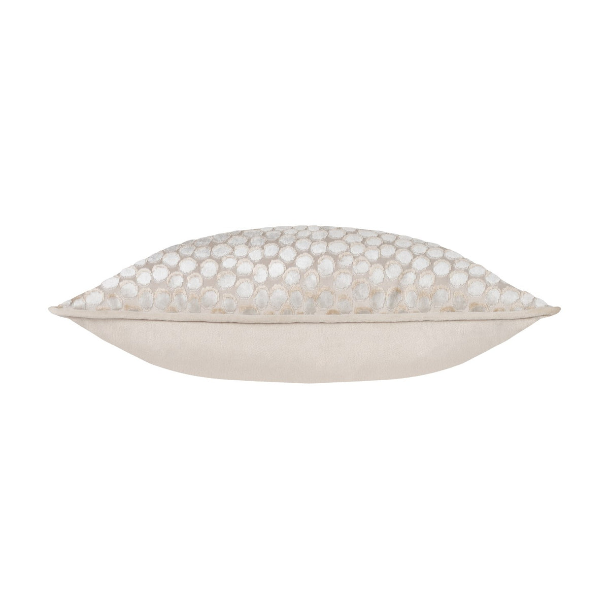 Lanzo Abstract Velvet Cushion in Moonbeam, side view showing plain cream velvet back and dotted cut-velvet front in pale oatmeal tones, on a white background.
