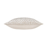Lanzo Abstract Velvet Cushion in Moonbeam, side view showing plain cream velvet back and dotted cut-velvet front in pale oatmeal tones, on a white background.