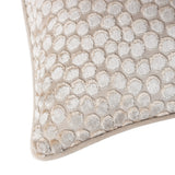 Close-up of the Lanzo Abstract Velvet Cushion in Moonbeam, showing cut-velvet circular dots in cream and silver tones with a plain velvet border, on a white background.