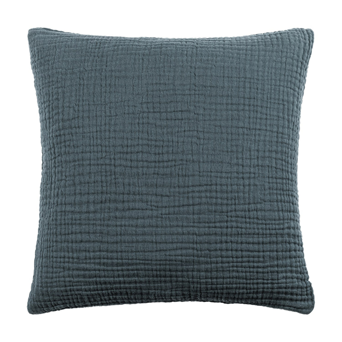 Lark Reversible Cotton Cushion in Dusk teal-blue, square with a crinkled muslin cotton texture, shown against a plain white background.