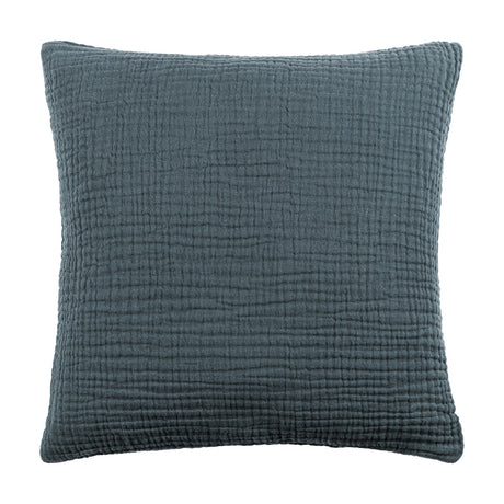 Lark Reversible Cotton Cushion in Dusk teal-blue, square with a crinkled muslin cotton texture, shown against a plain white background.