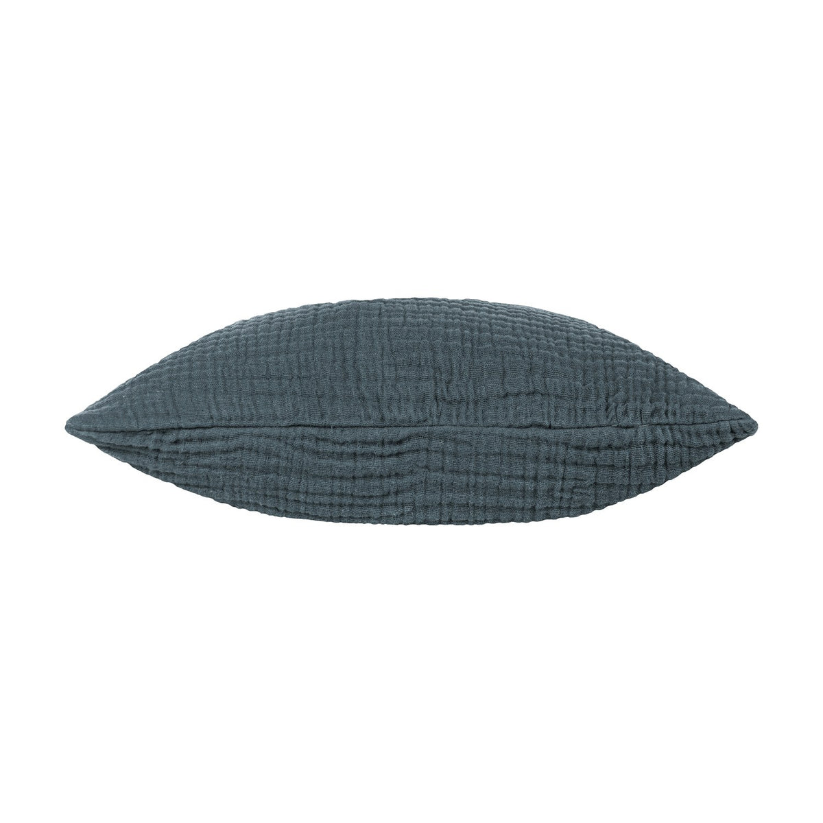 Lark Reversible Cotton Cushion in Dusk teal-blue, shown side-on with textured crinkle muslin fabric, on a plain white background.