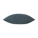Lark Reversible Cotton Cushion in Dusk teal-blue, shown side-on with textured crinkle muslin fabric, on a plain white background.