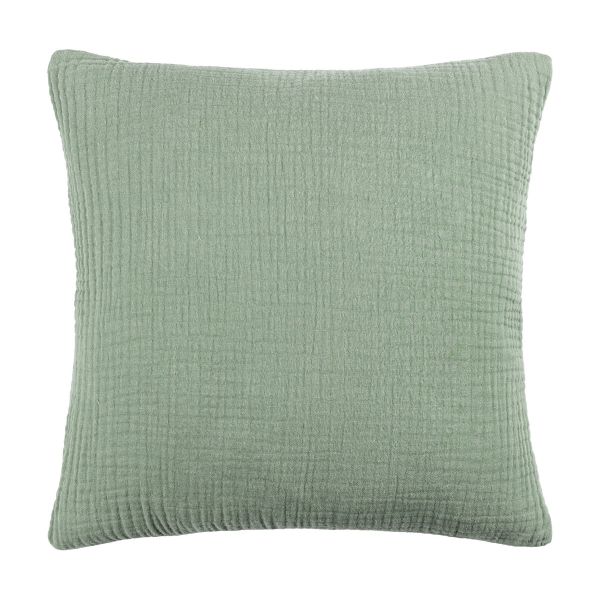 Lark Reversible Cotton Cushion in eucalyptus green, 45 x 45cm square with textured muslin crinkle cotton cover, shown against a plain white background.