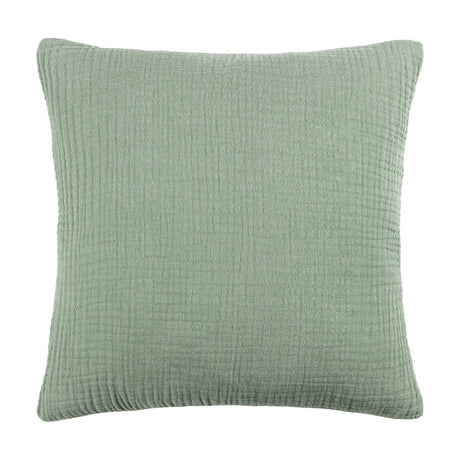 Lark Reversible Cotton Cushion in eucalyptus green, 45 x 45cm square with textured muslin crinkle cotton cover, shown against a plain white background.