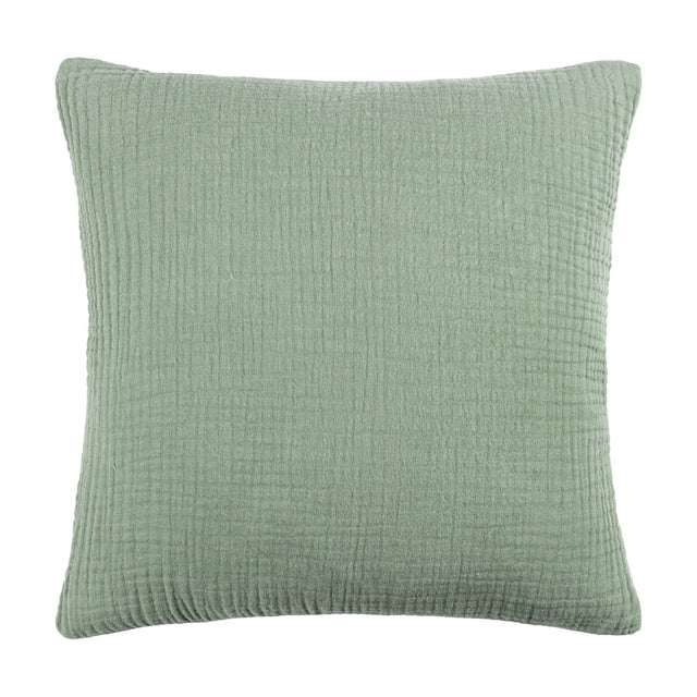 Lark Reversible Cotton Cushion in eucalyptus green, 45 x 45cm square with textured muslin crinkle cotton cover, shown against a plain white background.