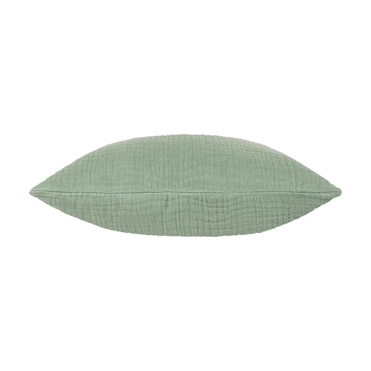 Lark Reversible Cotton Cushion in eucalyptus green, shown side-on with crinkled muslin cotton texture and piped edge, on a plain white background.
