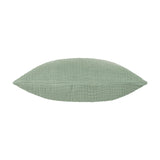 Lark Reversible Cotton Cushion in eucalyptus green, shown side-on with crinkled muslin cotton texture and piped edge, on a plain white background.