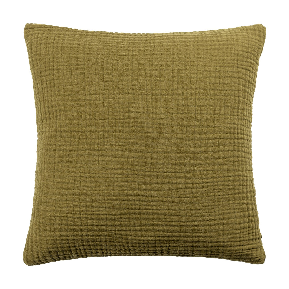 Lark Reversible Cotton Cushion in khaki green, square 45x45cm with textured muslin crinkle cotton surface and plain colour, shown on a white background.