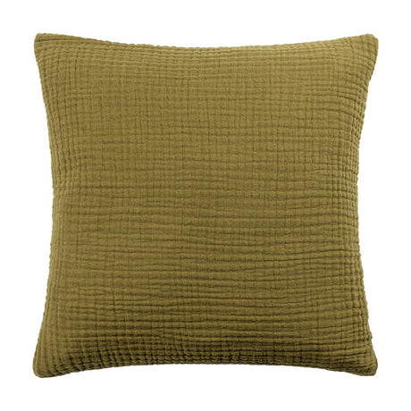 Lark Reversible Cotton Cushion in khaki green, square 45x45cm with textured muslin crinkle cotton surface and plain colour, shown on a white background.